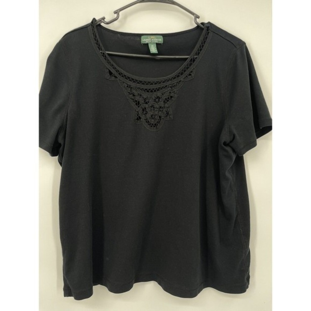 Lauren Ralph Lauren 2X Short Sleeve Top Womens Black Crochet‎ Lace Bib Cotton